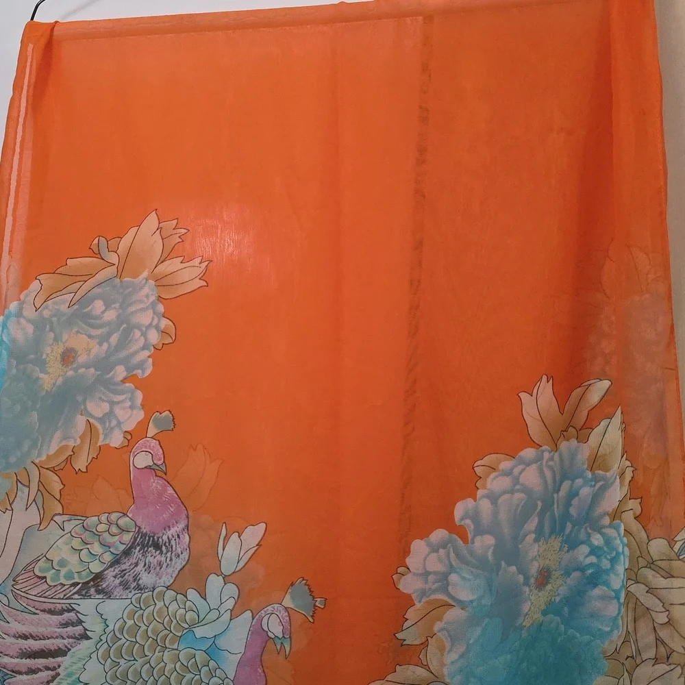 Orange and Blue Floral Scarf, Vibrant, Sheer, 20